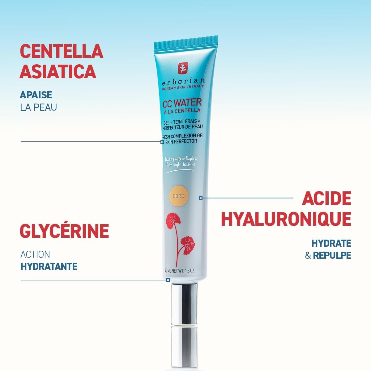 Erborian - Crème Teintée CC Water à la Centella Asiatica - Soin Visage Perfecteur de Peau avec Acide Hyaluronique - Texture Gel Ultra Légère et Fraîche - Soin Cosmétique Coréen