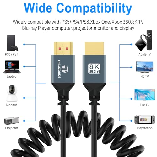 Thsucords 8K HDMI Coiled Cable, Ultra Thin HDMI to HDMI Cable,HDMI 2.1 Gold-Plated Male to Male Spiral Cord - Image 2