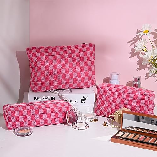 Large Capacity Makeup Bag Set Pink Checkered Makeup Bags 3 Pieces Canvas Travel Makeup Bag Organizer Travel Toiletry Bag Storage Bag for Women - Image 5