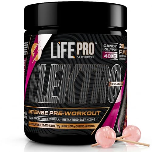 Pre Entreno Life Pro Elektro 400g - Pre Workout Potente con Citrulina Malato 8000mg, Beta Alanina 3000mg, Taurina 1500mg y Cafeína 200mg, Preentreno para Energía, Bombeo y Rendimiento | Sabor Lollipop