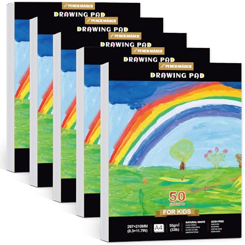 PENCILMARCH A4 Drawing Pad for kid 5 Pack (250 Sheets in Total) Sketch Pad and Colouring Book for kid Teen Arts and Craft Activities