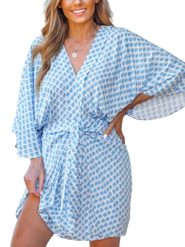 Image of CUPSHE Womens Vacation Mini Summer Dress V Neck Kimono Sleeve Belted Flowy Loose Resort Wear Casual Beach Cover Up Dress