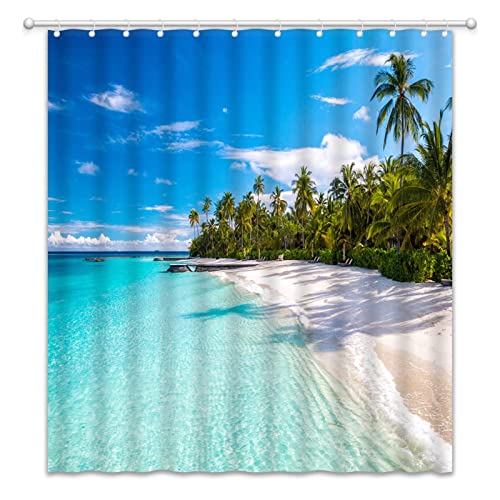 Ocean Beach Shower Curtain Tropical Palm Tree Seaside Island Landscape Blue Sky Summer Hawaiian Coast Nature Scene Sea View Holiday Decor Fabric Bath Curtain With Hook #TOP20