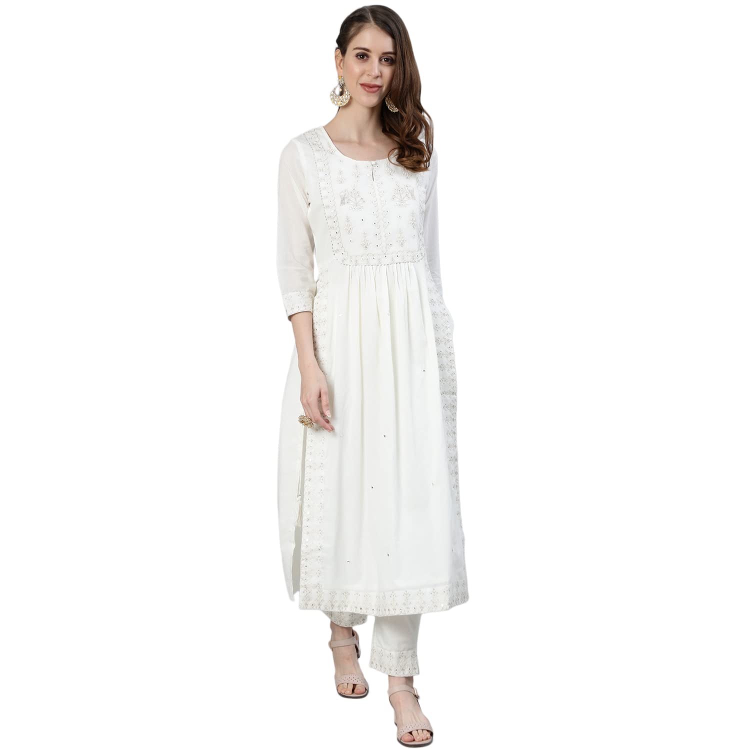 Ishin Women's Off White Zari Embroidered High Slit Kurta Set With Trouser