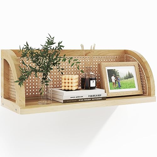 Image of YEMNMFH Wooden Rattan Wall Shelf, 16 Inch Long Hanging Shelves, Natural Wall Mounted Shelves, Easy to Install Floating Shelf, Decorative Wall Shelves for Kitchen, Bathroom, Living Room