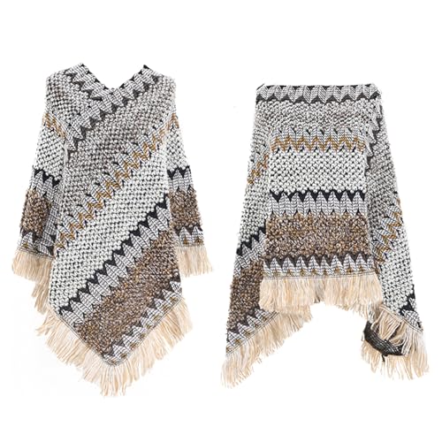 Women's Poncho Sweater Zig Zag Knit Mexican Poncho Wrap Fall Hippie Soft Fringe Crochet Shawl Asymmetrical Cape2