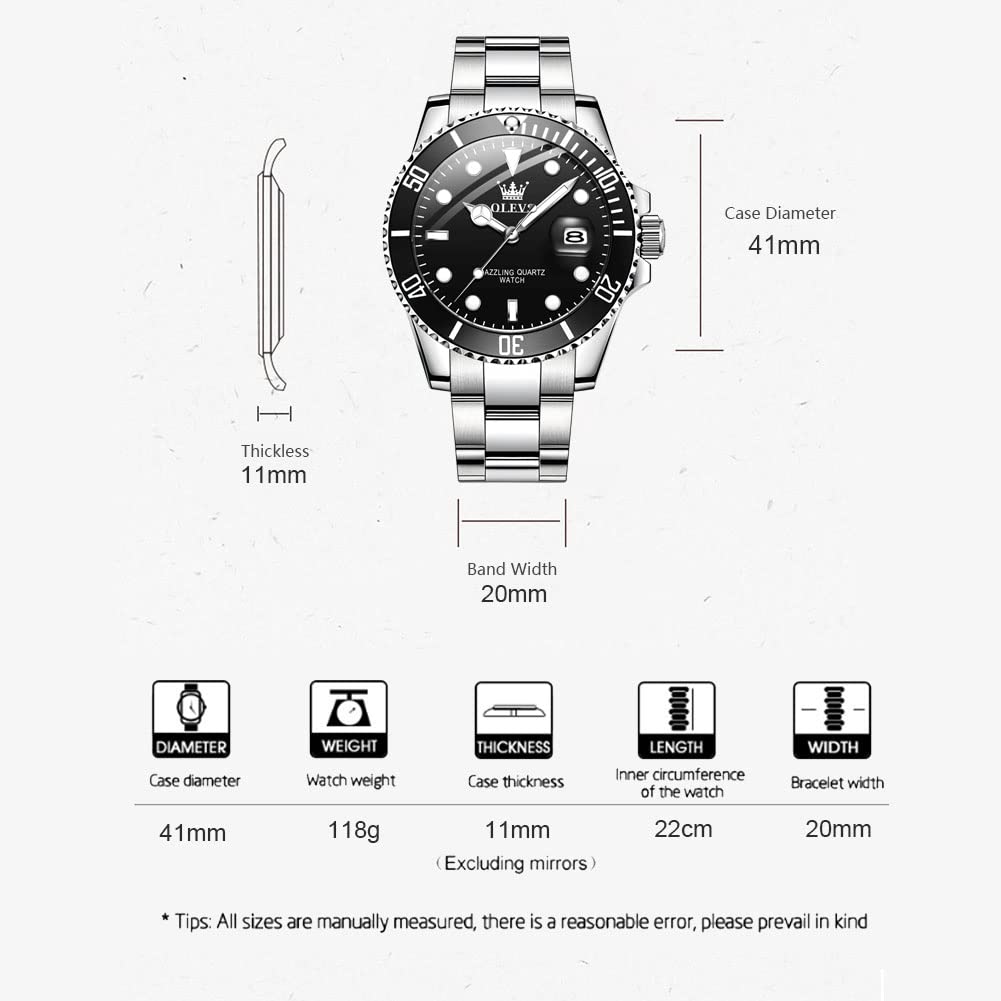 Raitown Orologi Uomo in Acciaio Inossidabile, 41mm di Diametro con Lancette Luminose e Calendario, Movimento a Quartzo, Impermeabile 3ATM, Classico Orologio da Uomo
