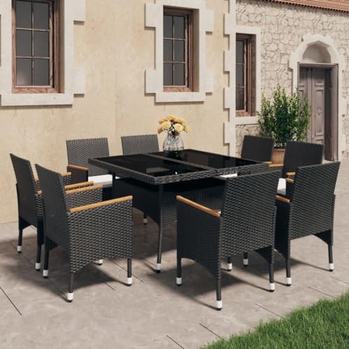EMYRLXQW Muebles de exterior - Juego de muebles de exterior - Juego de comedor de jardín de 9 piezas de ratán polivinílico y vidrio templado negro