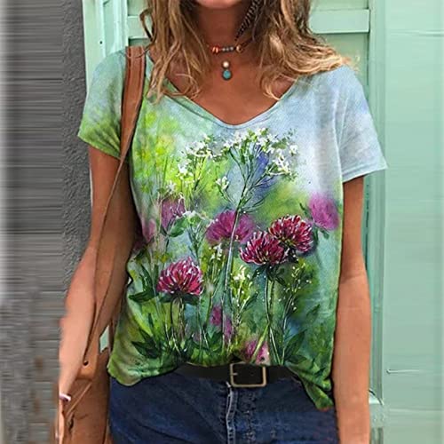 Tops plus size para mulheres verão vintage floral gráfico camiseta manga curta gola V camisas casuai
