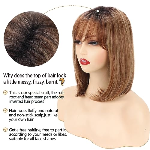 Tishining Short Blonde Highlight Bob Wig With Bangs Dark Roots Strawberry Blonde Straight Wigs For White Women Shoulder Length Synthetic Wig For Women #TOP1