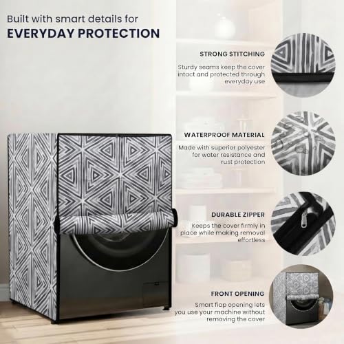 Image of Star Weaves Front Load Fully Automatic Washing Machine Cover for 6 kg, 6.5 kg, 7kg & 7.5 kg (Black & White) | Waterproof & Dustproof Polyester Fabric with Zipper | Protection Cover | 59 x 59 x 86 cms