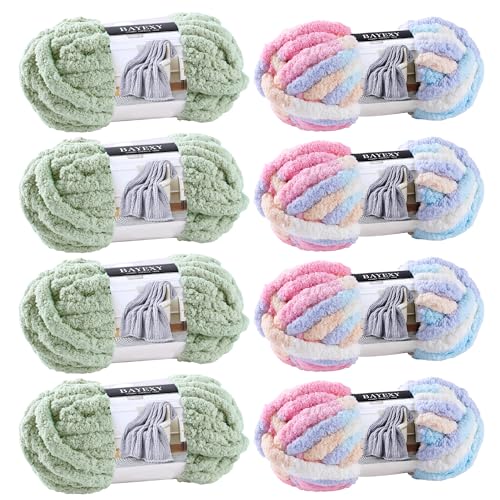 Image of Chunky Chenille Yarn for Hand Knitting 8 Jumbo Pack Jumbo Chunky Yarn for Hand Soft Blanket Knitting, Bulky Thick Fluffy Yarn for Crocheting (Sage Green+Marshmallow Color)