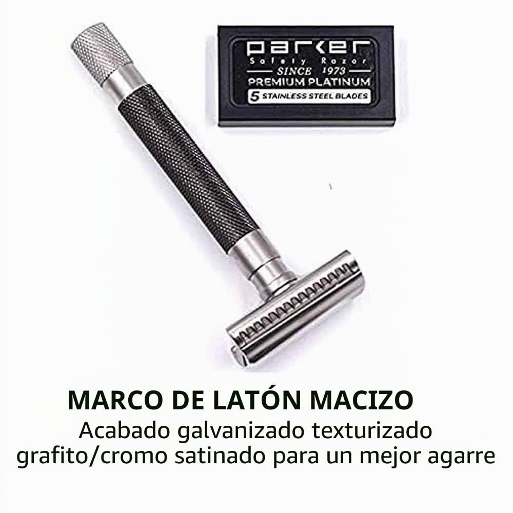 Parker - Maquinilla de afeitar de seguridad semiinclinada - Acabado grafito | Maquinilla de afeitar de doble filo para piel sensible y cabello grueso | Cabezal de precisión inclinado + 5 cuchillas