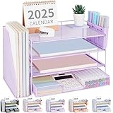 OPNICE Desk Organizer and Accessories, 4-Tier Desktop File Organizer with Drawer and 2 Pen Holders, Office Desk Accessories, File Sorters, Workspace Organizers for Office Supplies(Purple)