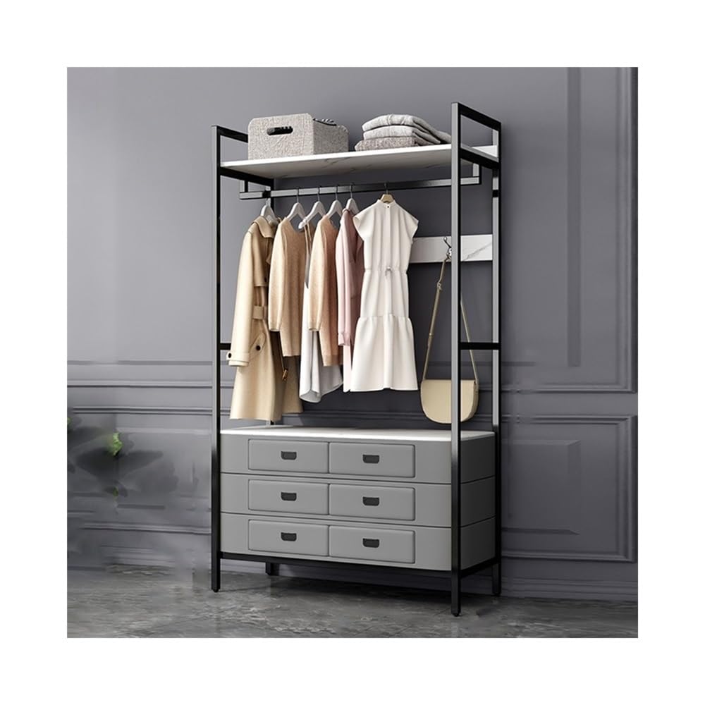 DFHS46JK Hat Rack Floor Coat Rack Hanger with Drawer Bedroom Storage Dressing Table Living Room Metal for Office(Gray+White)
