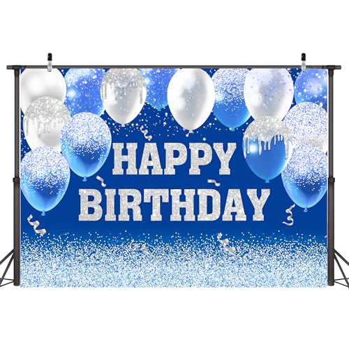 Image of Happy Birthday Decorations Backdrop 8 x 6 ftBlueHappy Birthday Banner Large Birthday Party Background for Men Women Kids Photo Shoot Supplies (Blue, 8 * 6 ft)