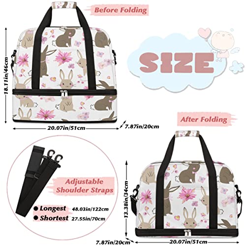 Travel Duffel Bag Cute Flower Bunny Rabbit Sport Gym Bag for Woman Man,Waterproof Foldable Weekend Overnight Bag for Yoga Workout Training with Shoe Compartment2