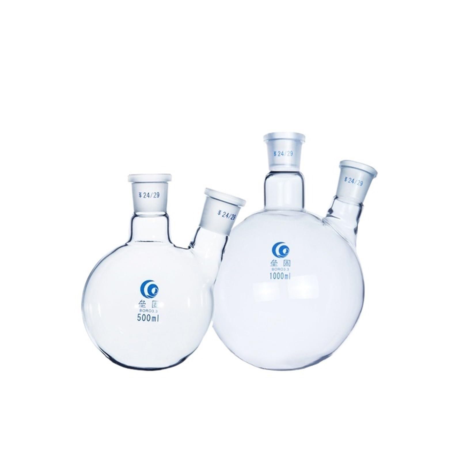Ukośne 2-szyjki szklana kolba reaktor sferyczny pogrubione szkło borokrzemowe kolba odporna na wysoką temperaturę materiały laboratoryjne (500 ml kaliber 24 x 24)