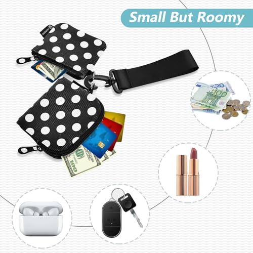 OTVEE Small Wallet for Women White Polka Dot on Black Zip Around Dual Pouch Wristlet Wallets for Women Portable Card Wallet