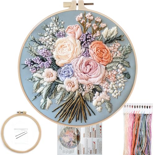 Image of FONNUY Bouquet Flowers Embroidery Kit for Beginners, Pre-Stamped Pattern Kits for Adults with Hoop, Easy to Follow Color Thread Needlework, 8'' Hoop (Captivating Allure)
