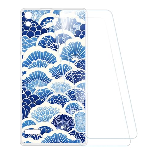 ESCAMOT Bedruckte Hülle + 2 Glas Schutzfolie Kompatibel mit Huawei Ascend P6, Stoßfeste Weiche Cover & HD Klare Tempered Glass Folie (Welle)