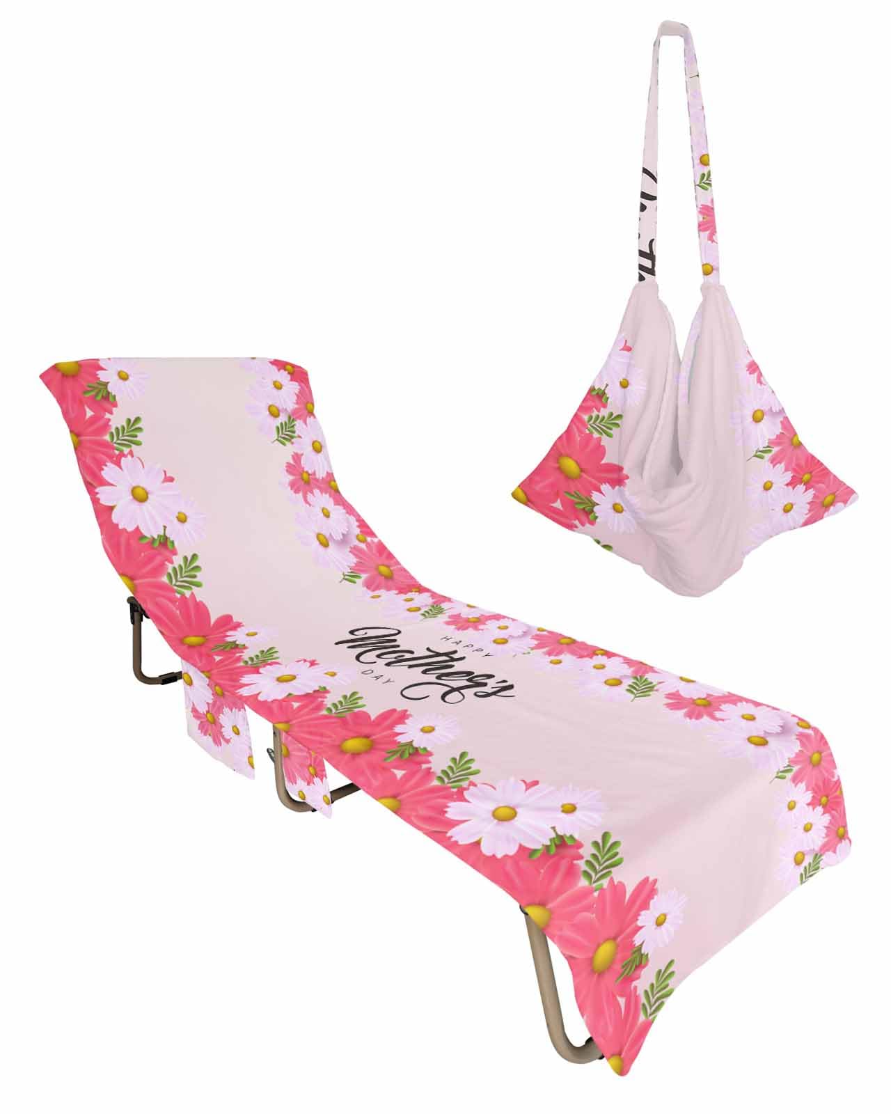 Happy Mother's Day Beach Chair Towel Covers for Chaise Lounge with Side Pocket, Soft Plush Pool Towels Cover for Patio Sunbathing Outdoor 29''x85'' Best Mom Mother Beautiful Flowers