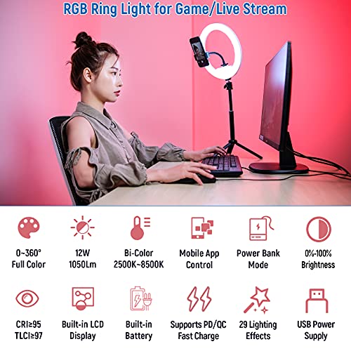 26 cm RGB-Ringlicht mit Ständer und Handyhalterung, App-Steuerung, eingebauter Akku, USB-betrieben, 360 ° Vollfarb-29… – Bild 3