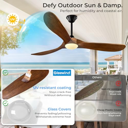 Image of Outdoor Ceiling Fans with Lights-Glass Lamp, 60 inch Smart Ceiling Fan with WIFI Alexa and App Remote Control, Damp Rated Wood Propeller Blades for Patios & Porch, 3 Blades, High CFM 6 Speed, Walnut