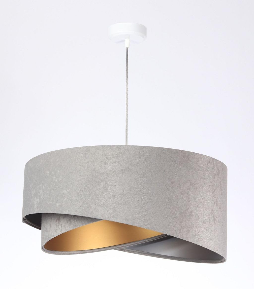 Licht-Erlebnisse Hängeleuchte Stoff E27 rund D: 50 cm in Grau Gold Silber Velours Optik Doppelschirm Modern verstellbare Hängelampe Wohnzimmer Schlafzimmer