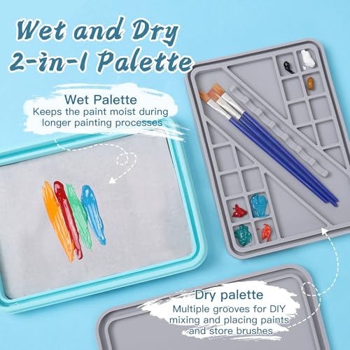 Silicone Stay Wet Palette for Acrylic Miniature Painting, Paint Tray Palettes with Lid, 50PCS Pallet Paper, 2PCS Sponges and A Brush Holder