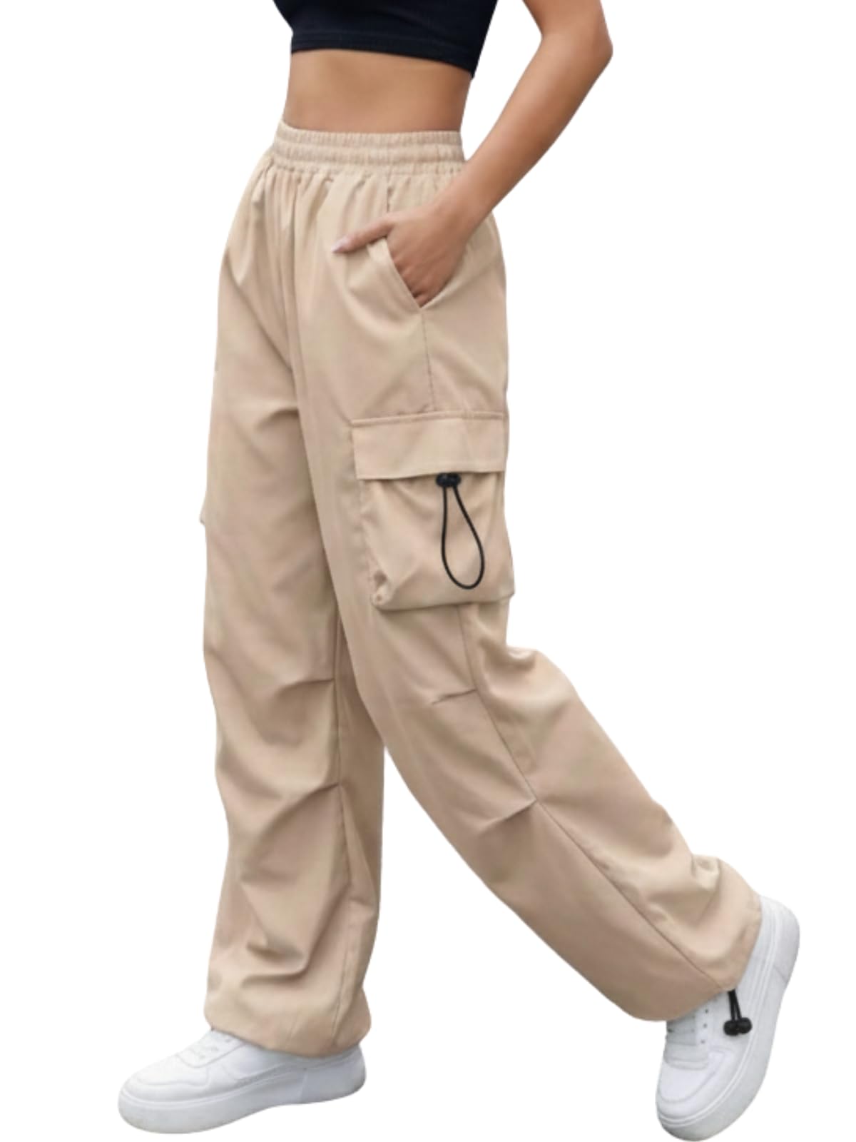 High Waist Cotton Trousers for Women – Flared Parachute Pants with Side Pockets | Casual Travel Cargo Pants-image-13