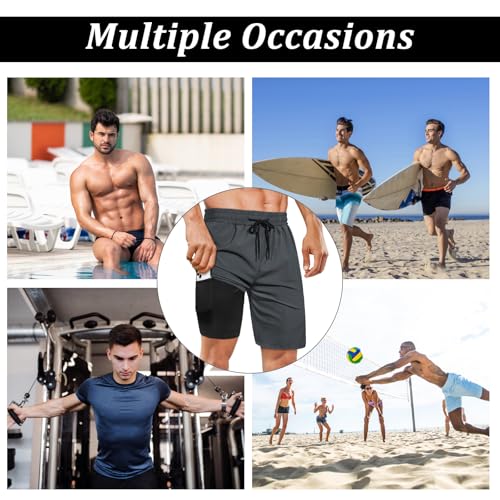 Image of Mens Swim Trunks with Compression Liner 2 in 1 Quick Dry Swimming Shorts Swimwear Bathing Suits with Pockets, 9 inch-Grey,XXL