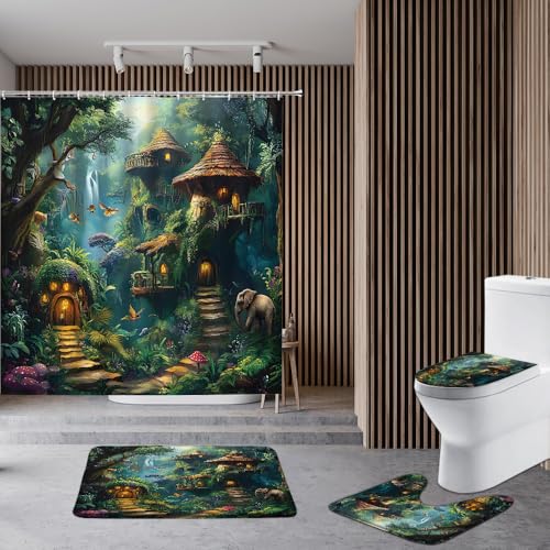 4 Piece Enchanted Forest Shower Curtain Set Mushroom House Fairy