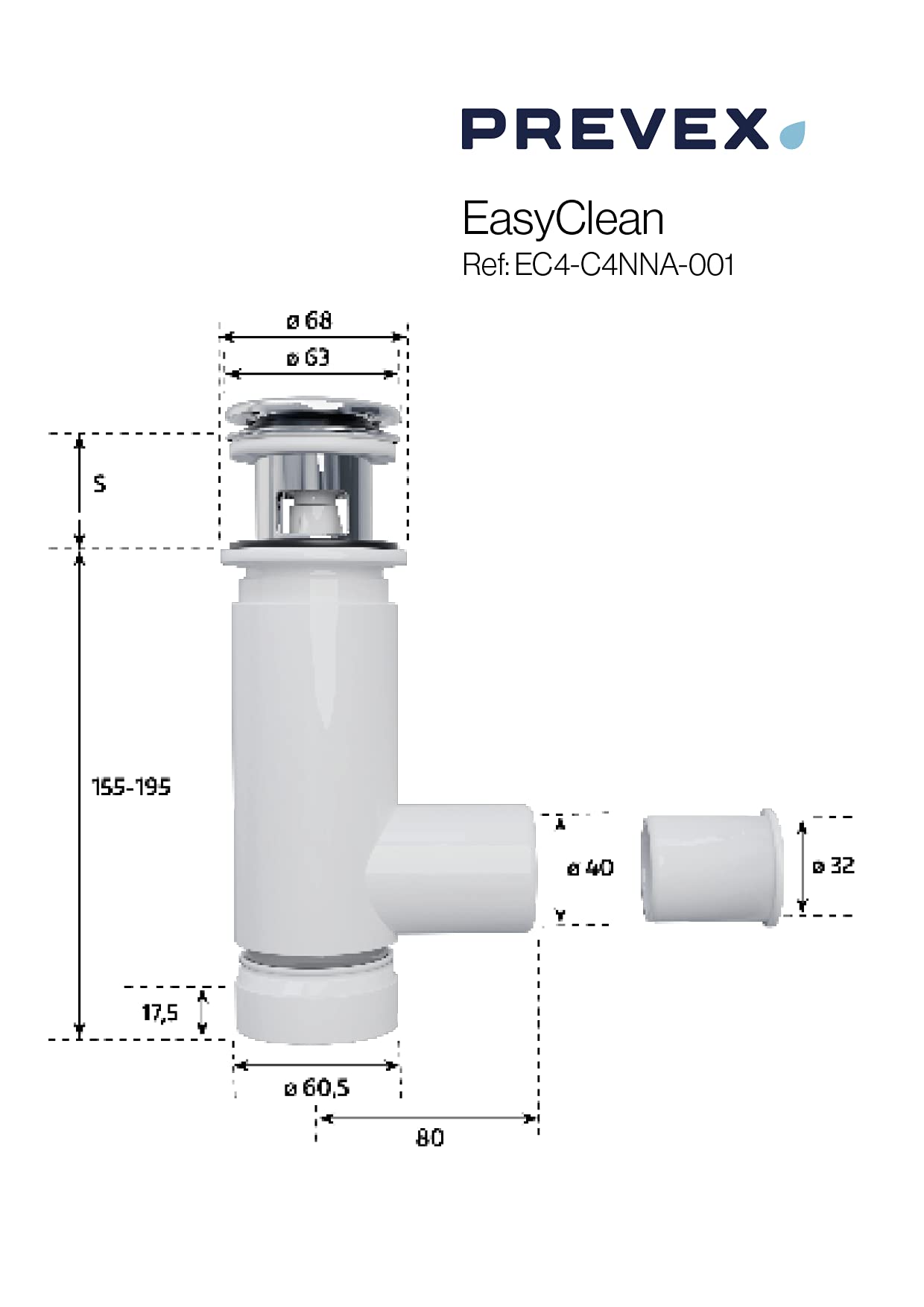 PREVEX Easyclean Siphon mit verchromtem Pop-Up für Waschbecken | aus recyceltem Kunststoff