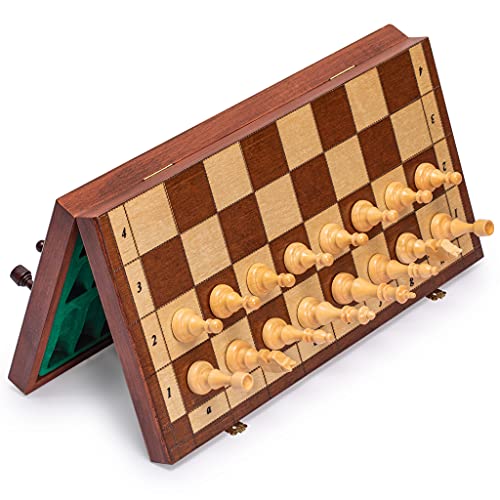 Husaria Large Magnetic Wooden Chess Game Set with 15-Inch Folding Board and Felt-Bottom Schima Wood Chessmen