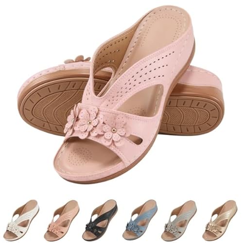 Orthopedic Wedge Slip On Sandals for Women Arch Fit Sandals Breathable Synthetic Cover with Floral Cut-Out Design (Pink,26.5 cm)