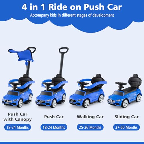 Image of Licensed Mercedes Benz Push Car for Toddlers by INFANS, 3 in 1 Sliding Walking Car with Push Handle, Horn, Music, Underneath Storage, Foot-to-Floor Ride on Toys for Boys Girls, Blue