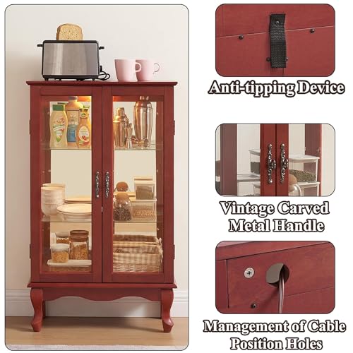 Image of 43 inch H Lighted Curio Cabinet Display Case with Light Bulb, Glass Curio Cabinet with Adjustable Shelves & Tempered Glass Door, Wooden Cabinets w /Mirrored Back Pane for Living Room(Cherry)