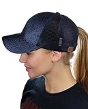 C.C Ponycap Messy High Bun Ponytail Adjustable Glitter Mesh Trucker Baseball Cap, Navy