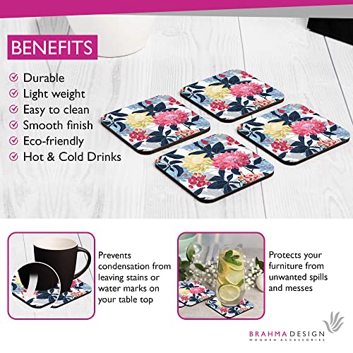 Image of Wooden Coaster Set with Gift Box | Mia Floral Design | Set of 4 Tabletop Square Coasters 3.75 inch x 3.75 inch | Kitchen Table Wooden Decorative Items | for Cups, Mugs, Cans, Glasses