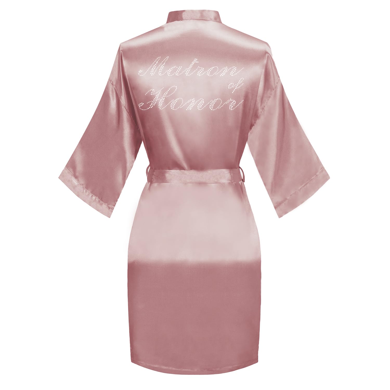 Women's Satin Robe Bride Bridesmaid Short Kimono Robes with Silver Rhinestones for Wedding Party Getting Ready