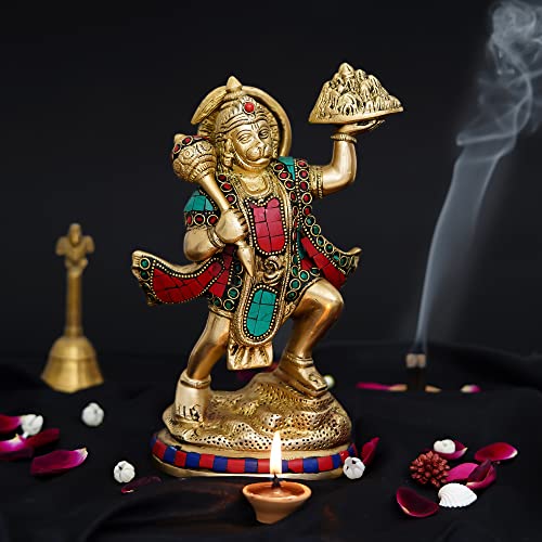 Image of eCraftIndia Golden and Colorful Stone Work Handcrafted Brass Lord Hanuman Statue Carrying Sanjeevani Mountain - Religious God Idol for Home, Office, Temple - Gift for Hanuman Jayanti Festival