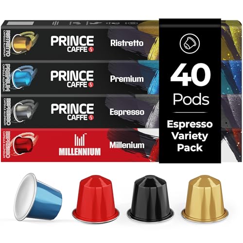 Image of Prince Caffe Espresso Pods - 4 Flavor Variety Pack - Intensity 7-10 Medium to Dark Roast Coffee Capsules - Compatible with Nespresso, Pods for Original Line Machines - 4 x 10 Pack (40 Count) NOT Compatible with Vertuo