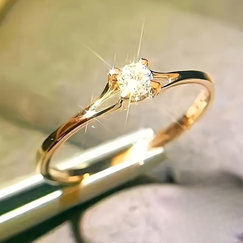 Women's Engagement Ring Classic Simple 4 Prong Synthetic Zirconia Single Stone Thin Band for Proposal Wedding Party