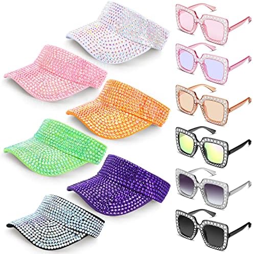 Oversize Square Glitter Sunglasses Retro Thick Frame Sunglasses and Shiny Rhinestones Sport Sun Visor Adjustable Summer Cap for Women Golf Tennis Running, Total 12 Pcs