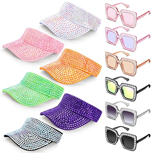 Oversize Square Glitter Sunglasses Retro Thick Frame Sunglasses And Shiny Rhinestones Sport Sun Visor Adjustable Summer Cap For Women Golf Tennis Running, Total 12 Pcs #TOP23