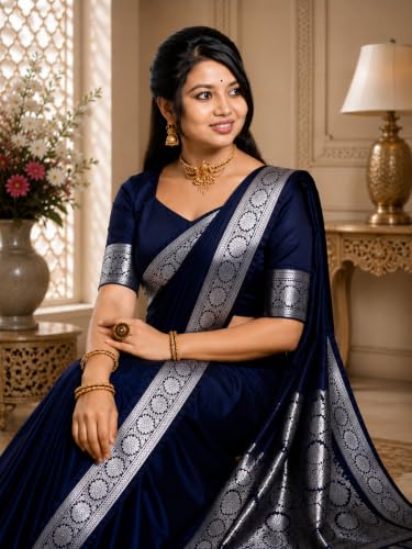 Image of Women's Glory Banarasi Satin Silk Saree Plain Silver Zari | Unstiched Blouse Piece Included.
