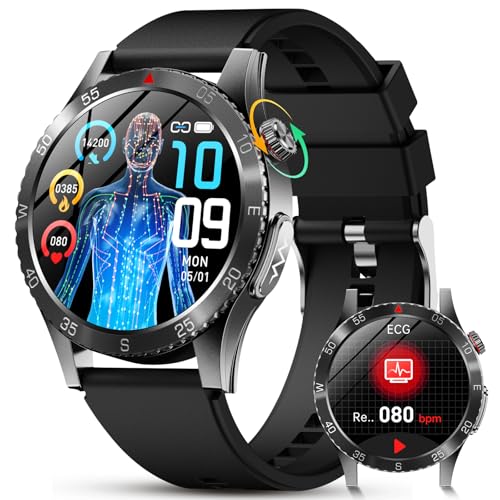 YUPENG Smartwatch Uomo con ECG+HRV/Acido Urico/𝐆li𝐜𝐞𝐦𝐢𝐚, 1.45' AMOLED Rotondo Orologio Fitness con Pressione Sanguigna/Cardiofrequenzimetro/Analisi Sonno 24H, SOS/IP68 per Android iOS