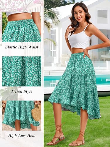 Timormode Boho Midi Skirt for Women Floral Long Summer Beach Skirts Elastic High Waist Casual Flowy Skirt High Low Hem - Image 5