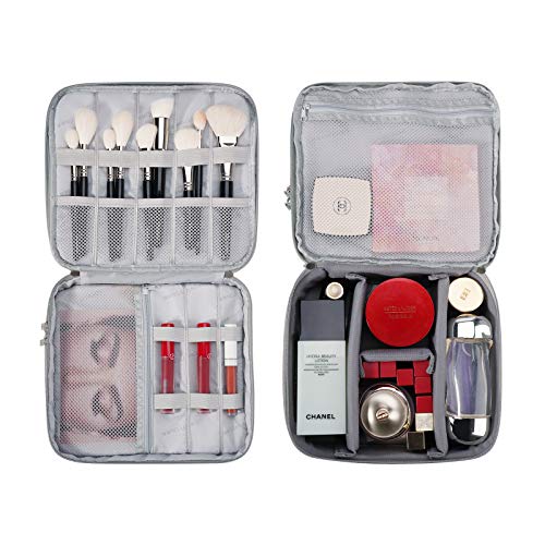 Rownyeon Makeup Train Cases Travel Makeup Bag Waterproof Portable Cosmetic Cases Organizer with Adjustable Dividers for Cosmetics Makeup Brushes Toiletry Jewelry Digital Accessories (Grey Large)